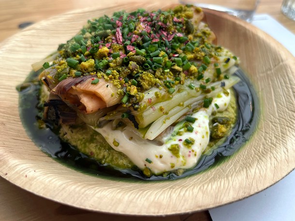 illustrative photo of the roast leeks with pistachio romesco at Acme Fire Cult