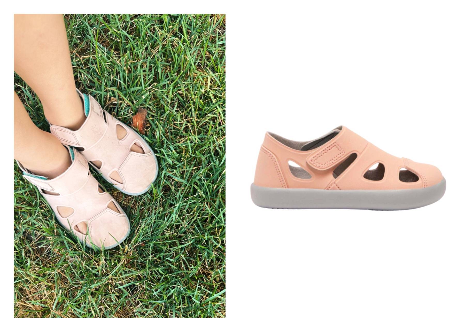 Girl wearing pink sandals next to a stock photo of pink sandals.