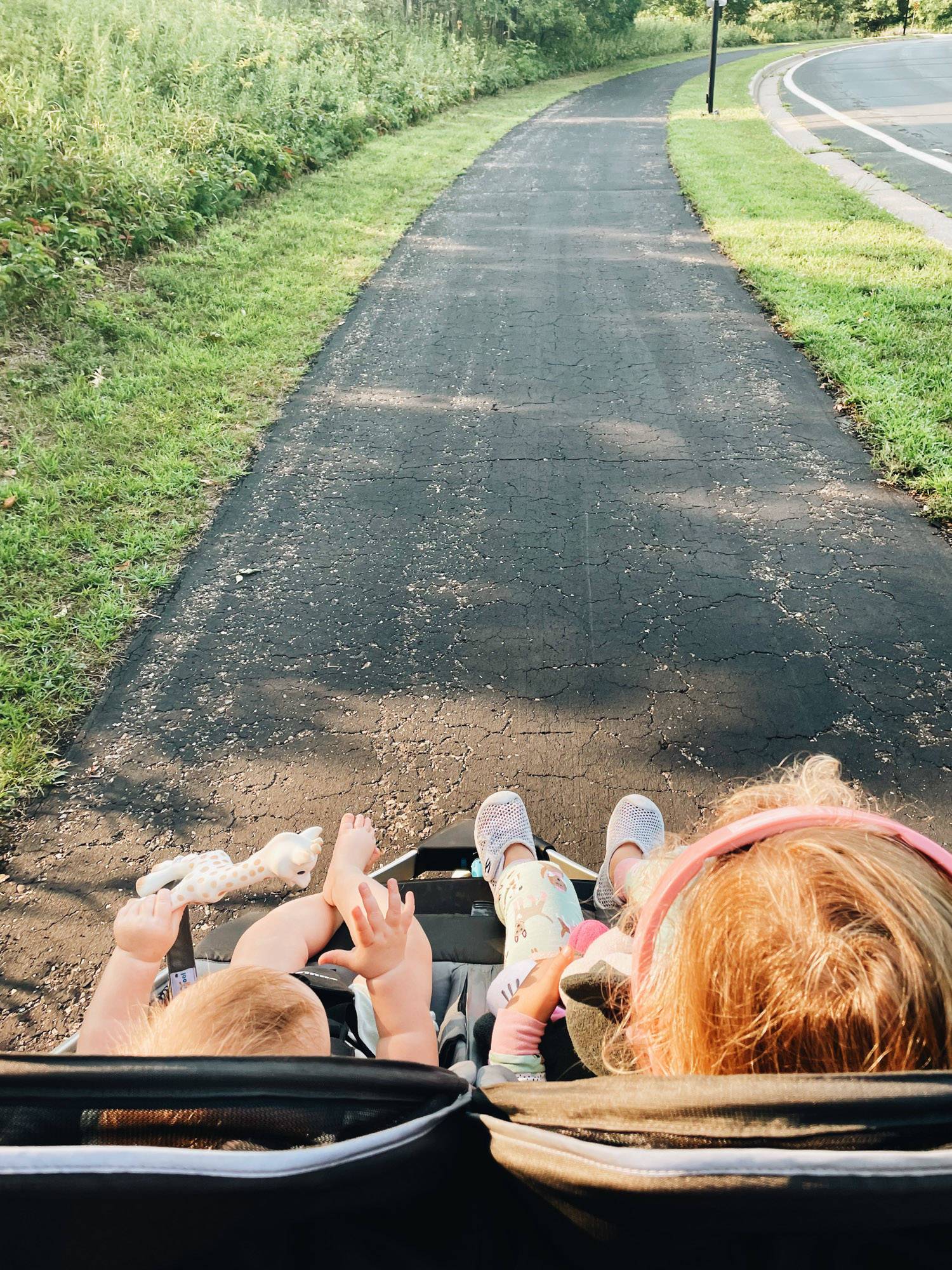Two girls in a double stroller on a walk. 